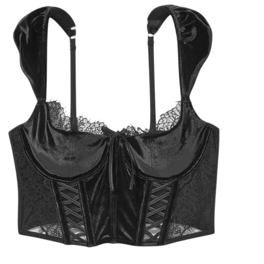Victoria's Secret Size Medium Dream Angels Black Velvet Mesh Lace Up Corset Top - Picture 2 of 11